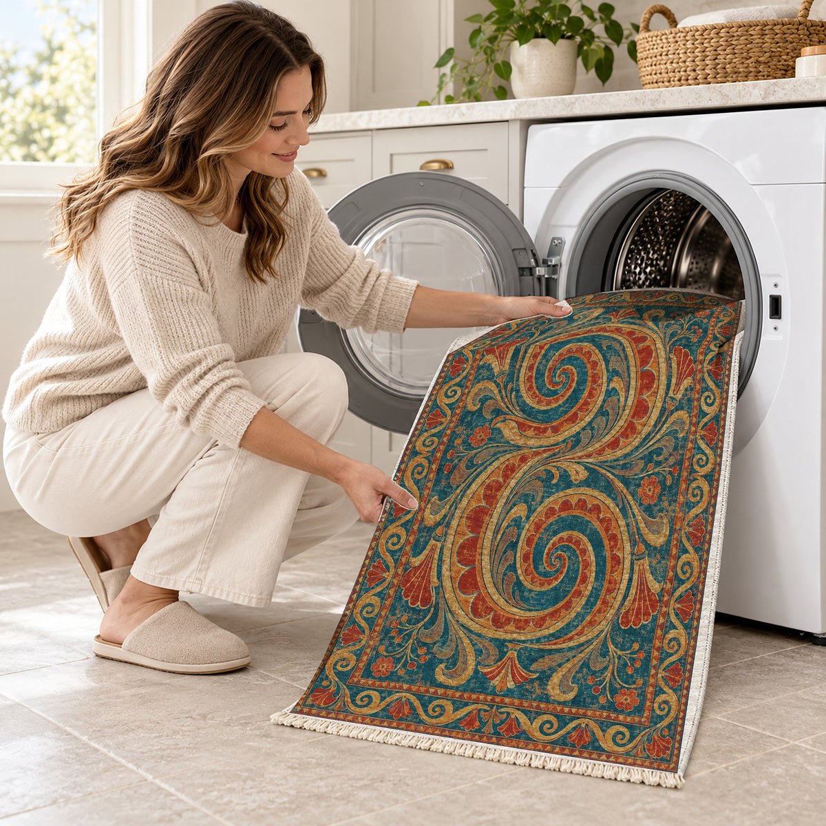 Double Spiral Peacock & Ochre washable rug being loaded into a washing machine