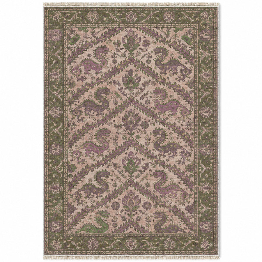 Dragon Lattice Rose & Olive Caucasian Washable Rug