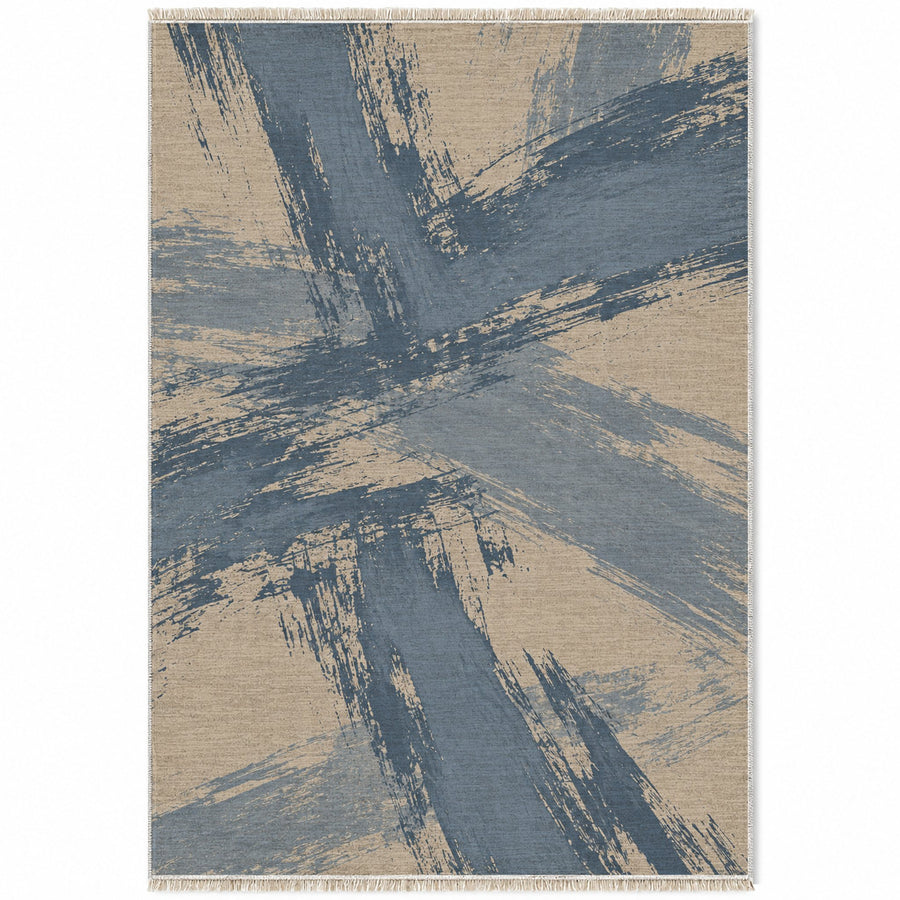 Dry Brush Oat & Dusty Blue Abstract Washable Rug