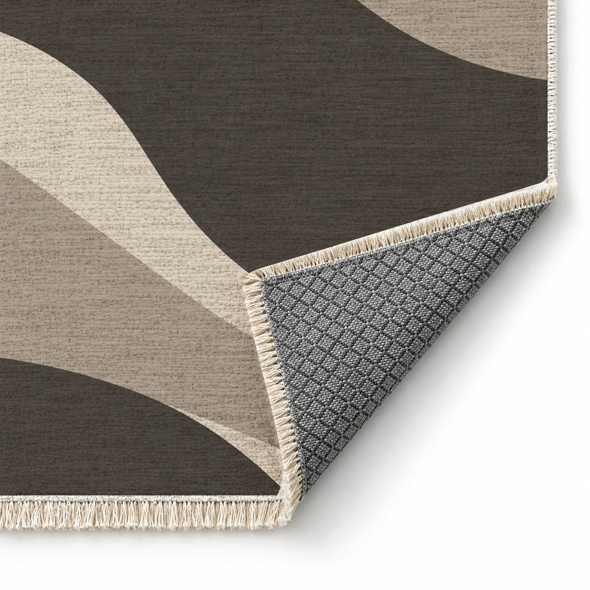 Dune Shadow Greige & Charcoal washable rug folded corner showing the backing