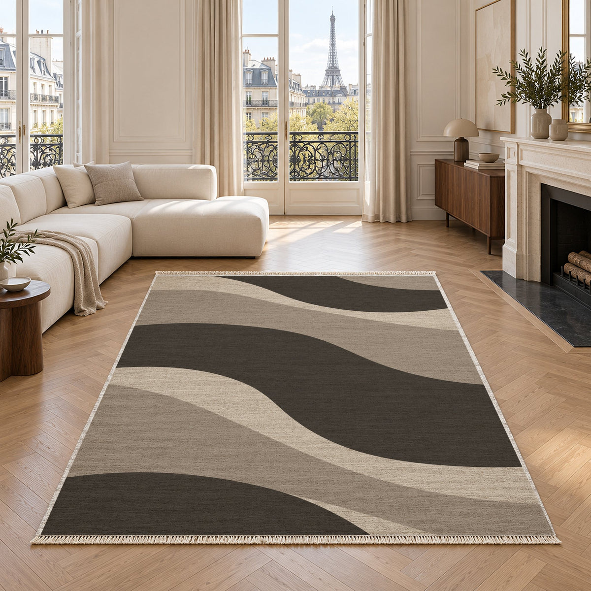 Dune Shadow Greige & Charcoal washable rug in a living room with an Eiffel Tower view