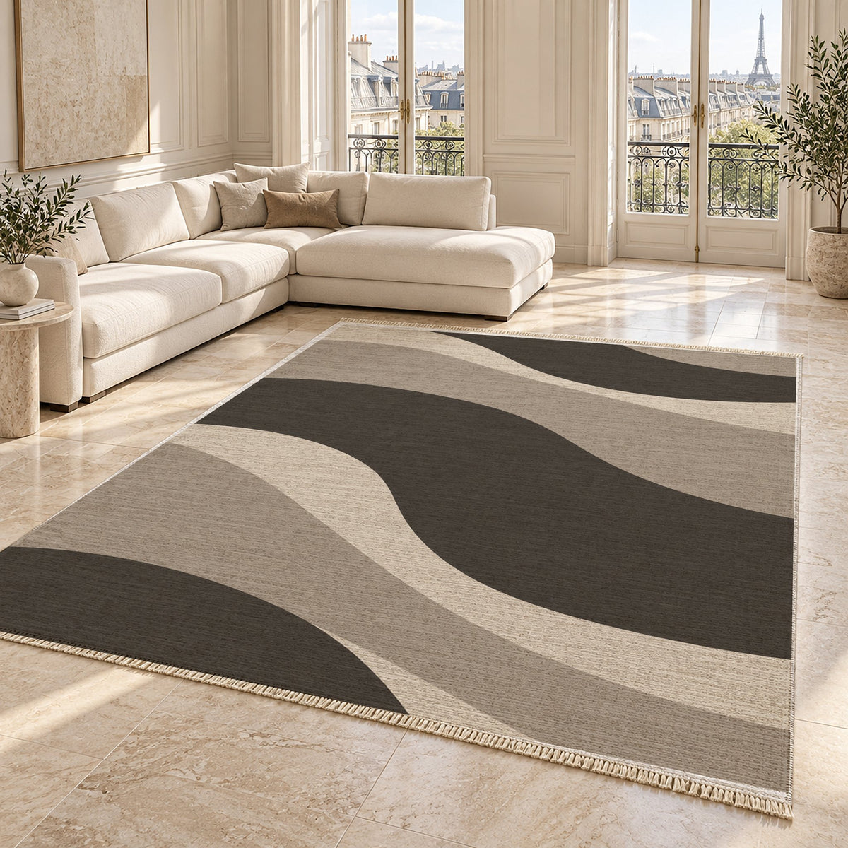 Dune Shadow Greige & Charcoal washable rug angled room view on marble