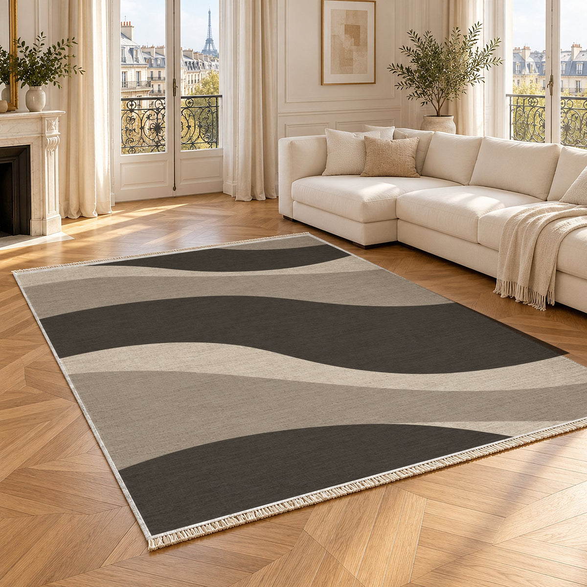 Dune Shadow Greige & Charcoal washable rug angled room view