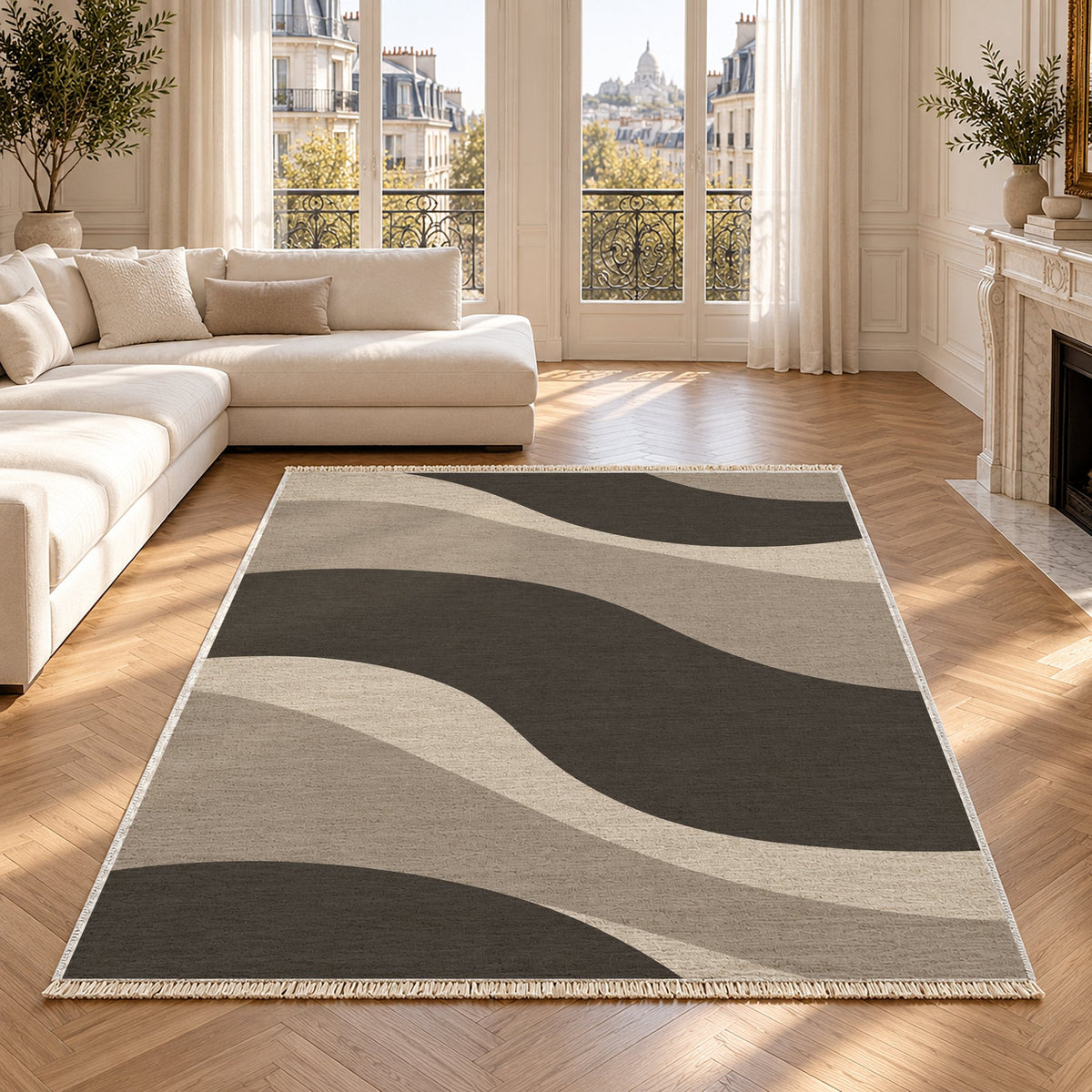 Dune Shadow Greige & Charcoal washable rug in a Paris living room
