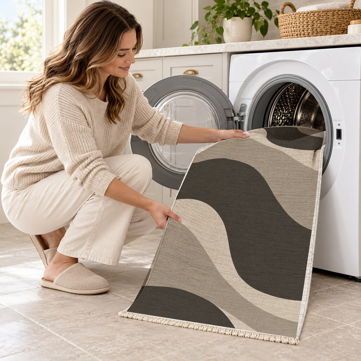 Dune Shadow Greige & Charcoal washable rug being loaded into a washing machine