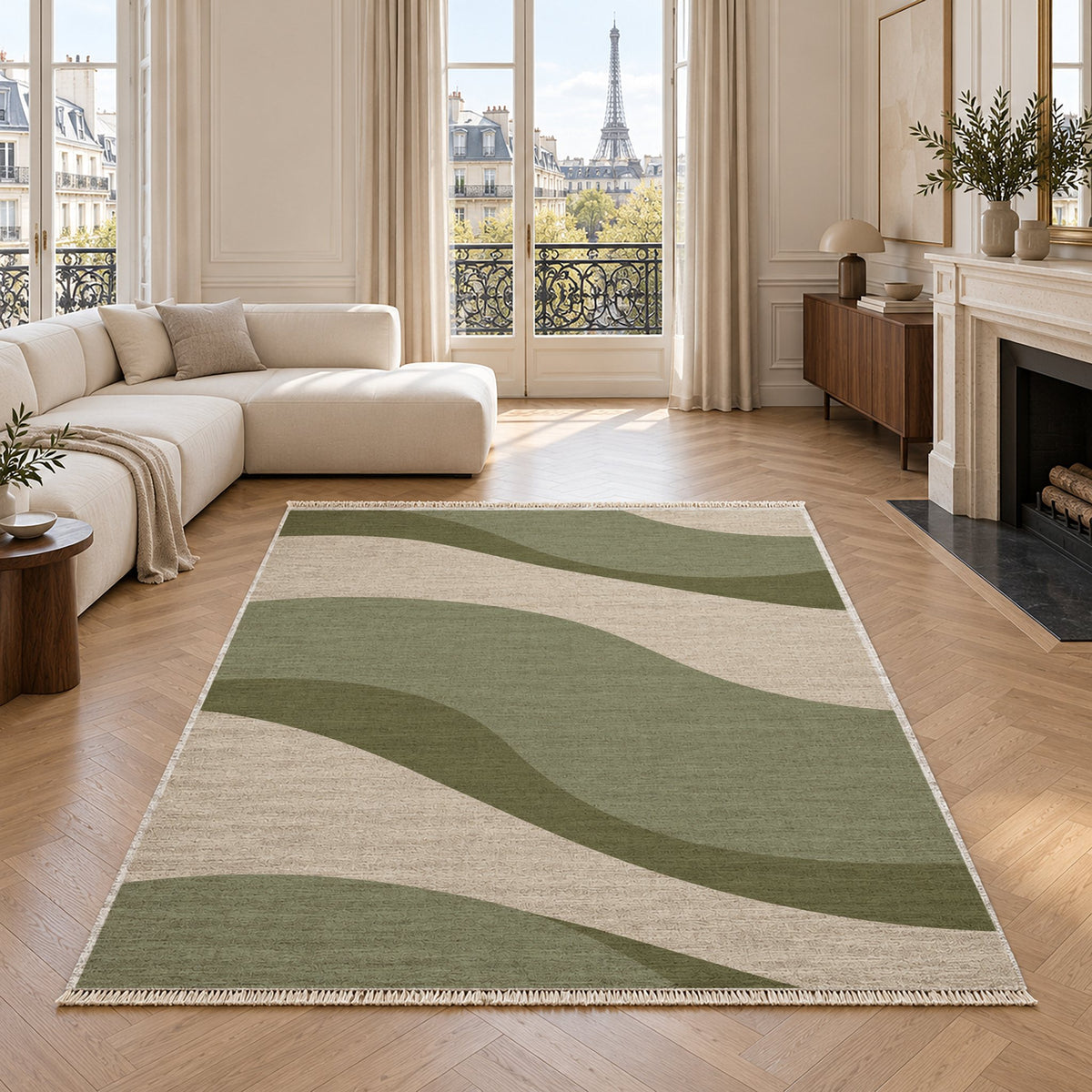 Dune Shadow Ivory & Sage washable rug in a living room with an Eiffel Tower view