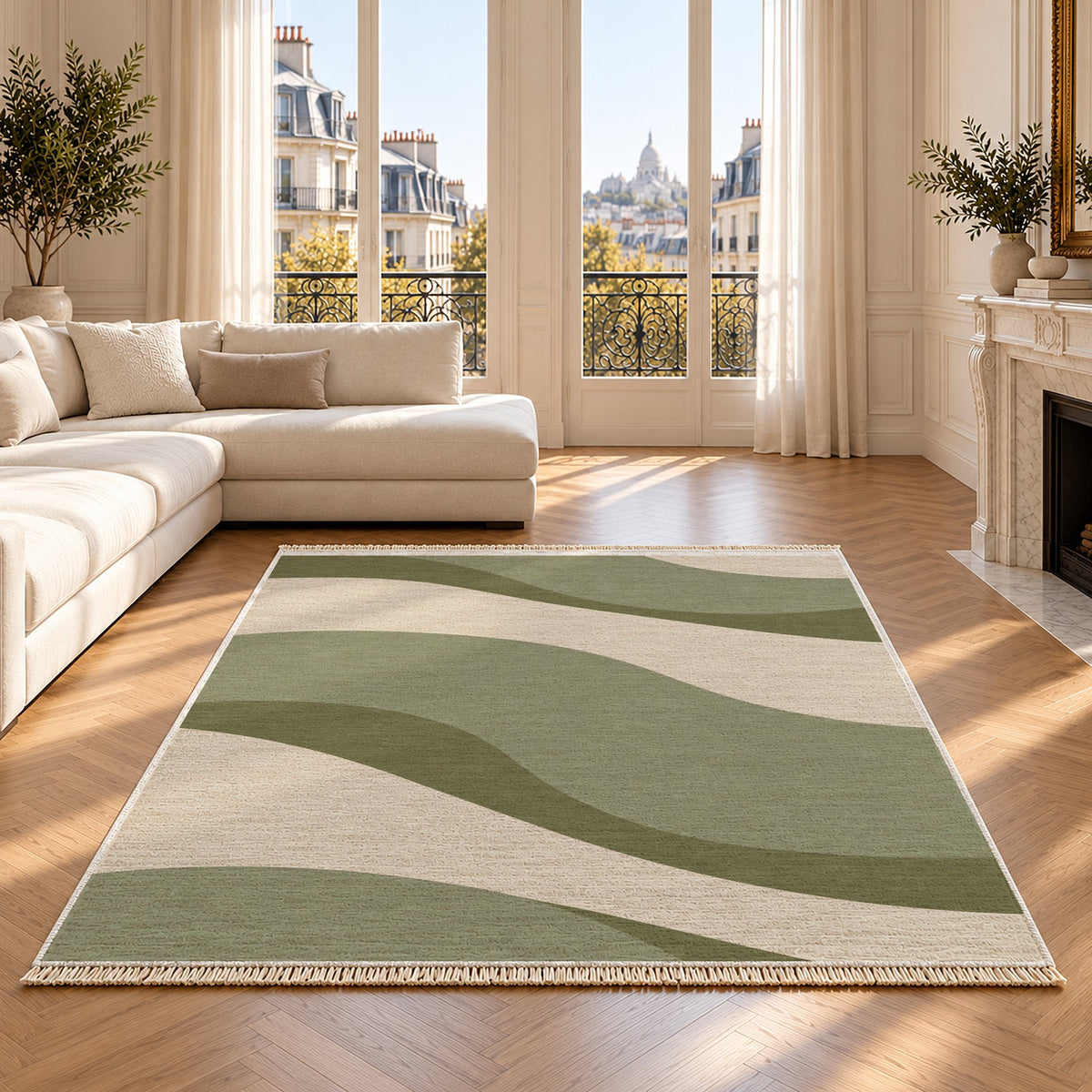 Dune Shadow Ivory & Sage washable rug on an oak floor