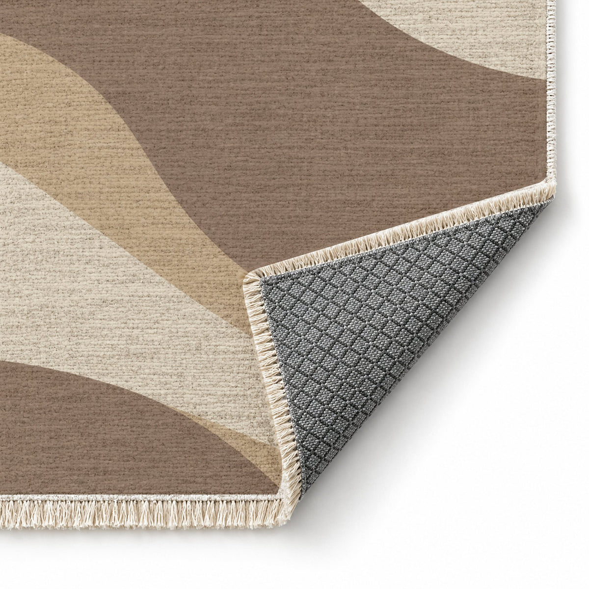 Dune Shadow Ivory & Taupe washable rug folded corner showing the backing