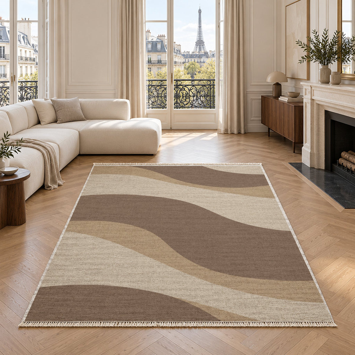 Dune Shadow Ivory & Taupe washable rug in a living room with an Eiffel Tower view