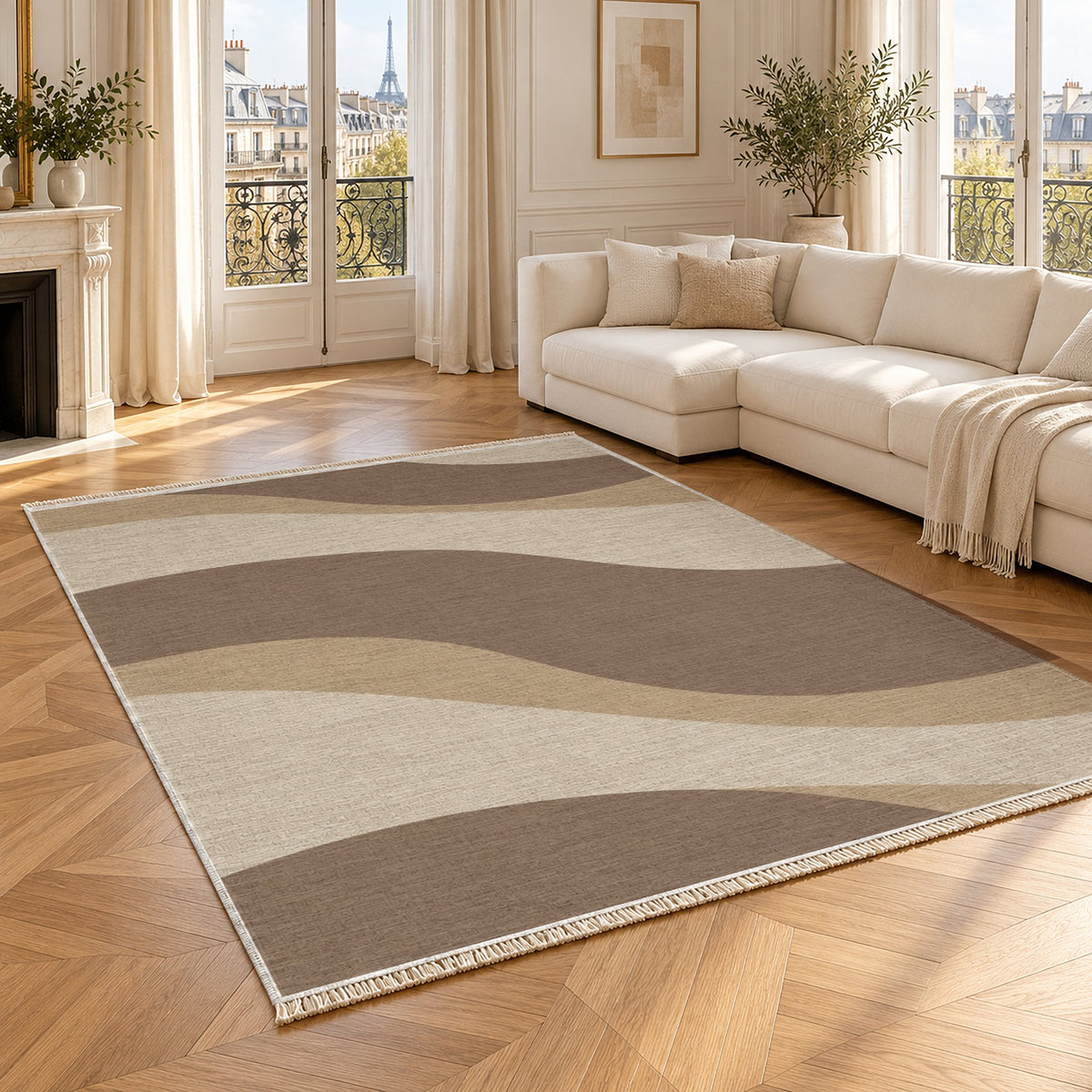 Dune Shadow Ivory & Taupe washable rug angled room view