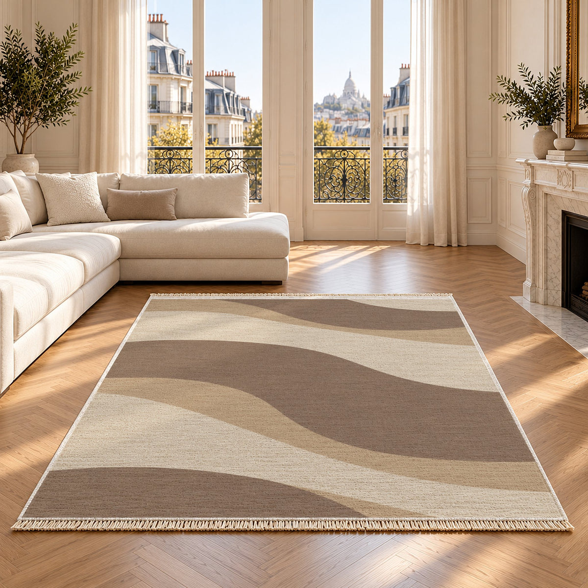 Dune Shadow Ivory & Taupe washable rug on an oak floor