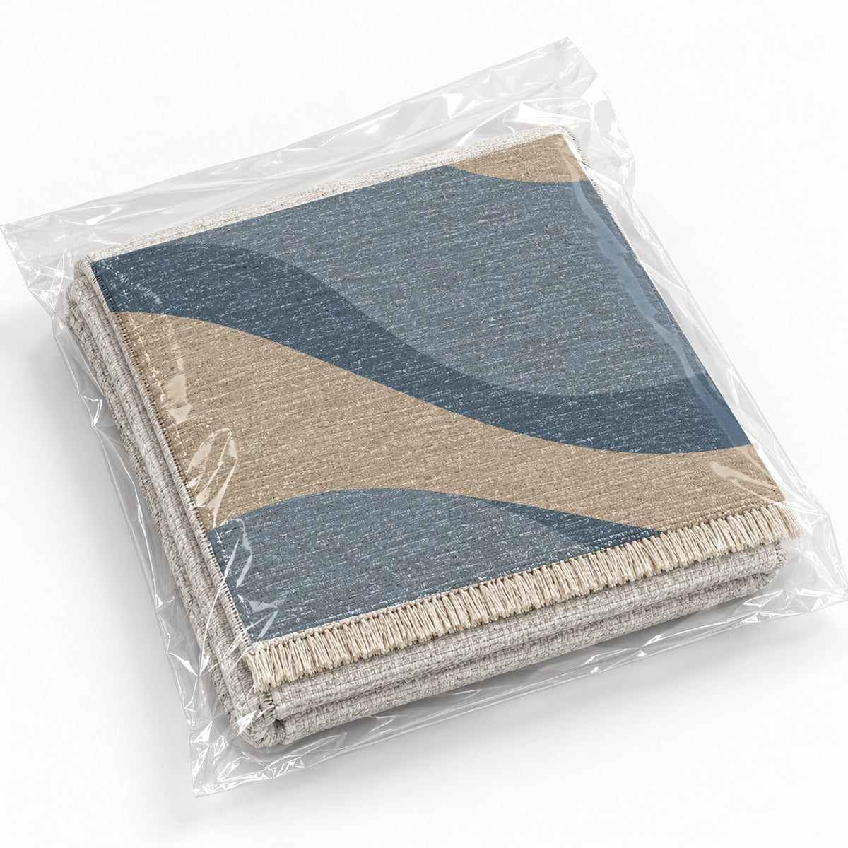 Dune Shadow Oat & Dusty Blue washable rug rolled and packaged