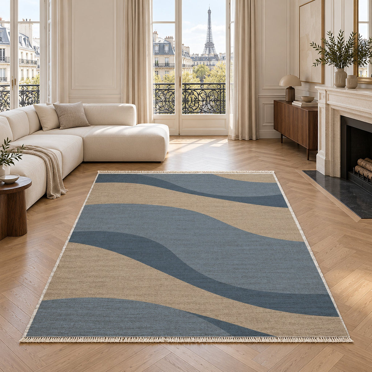 Dune Shadow Oat & Dusty Blue washable rug in a living room with an Eiffel Tower view