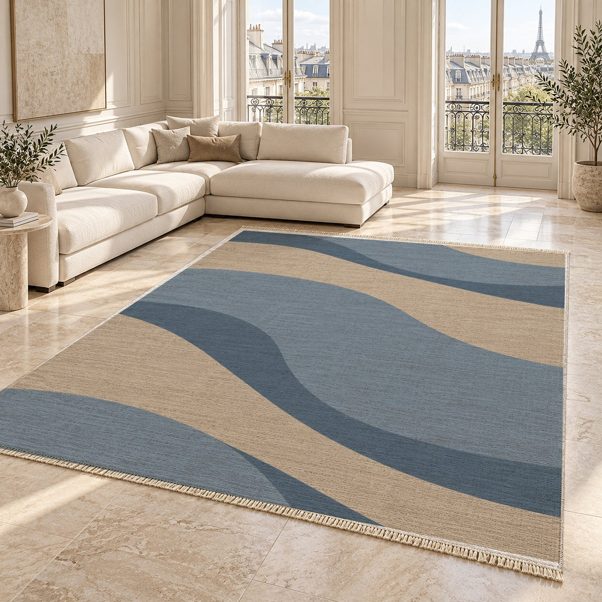 Dune Shadow Oat & Dusty Blue washable rug angled room view on marble