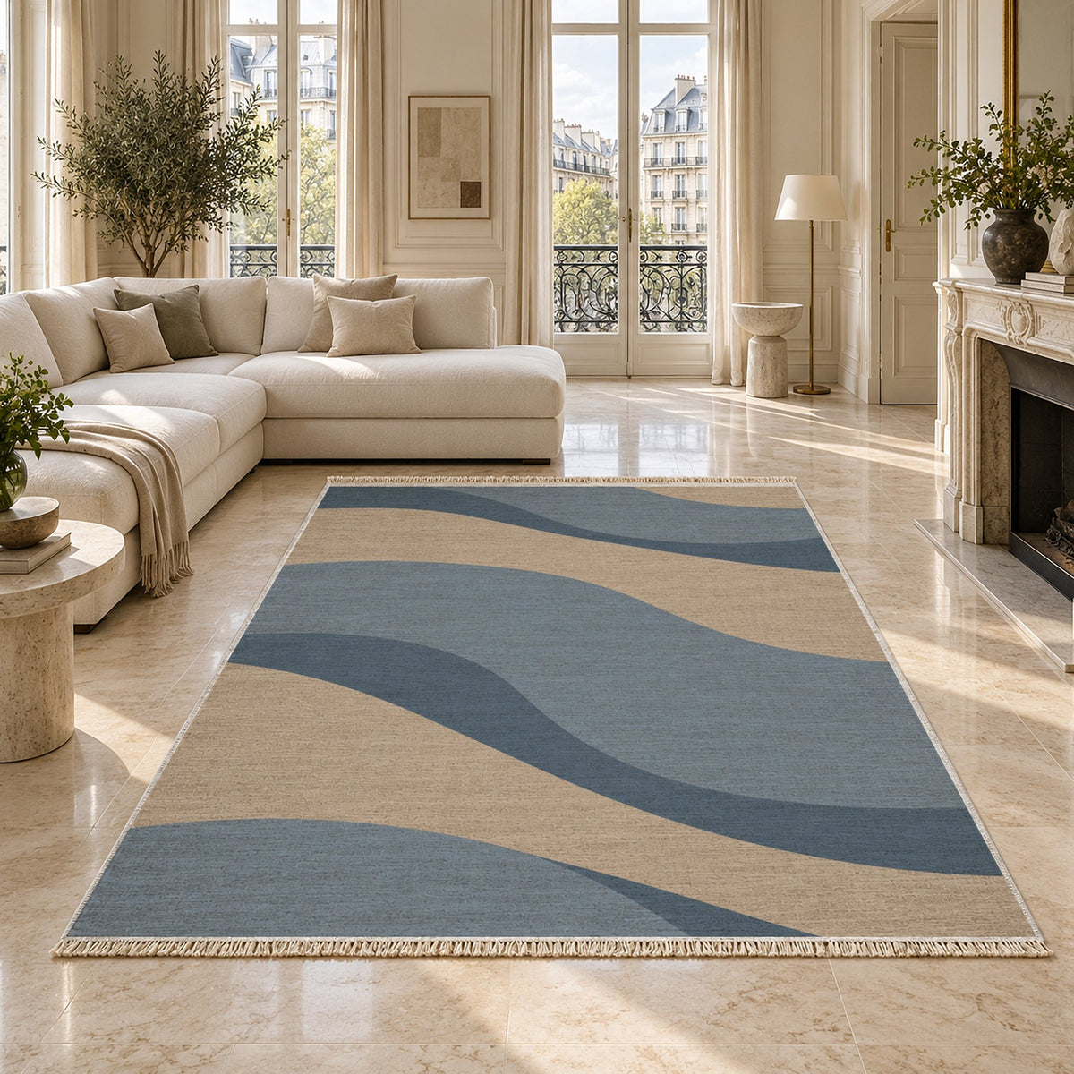 Dune Shadow Oat & Dusty Blue washable rug on a marble floor
