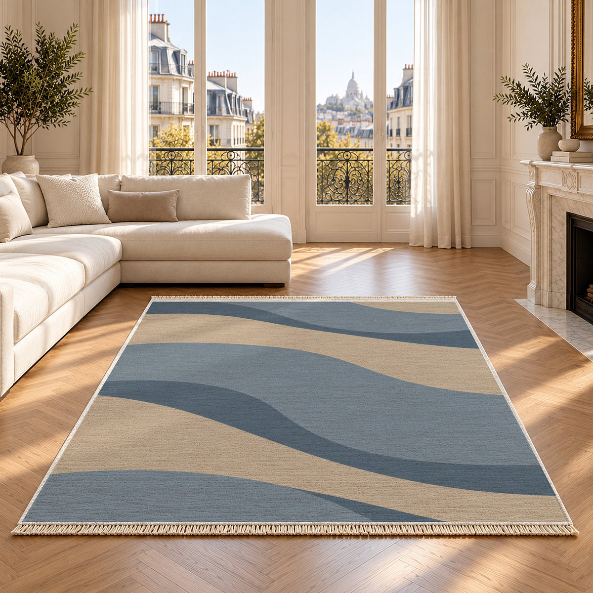 Dune Shadow Oat & Dusty Blue washable rug on an oak floor