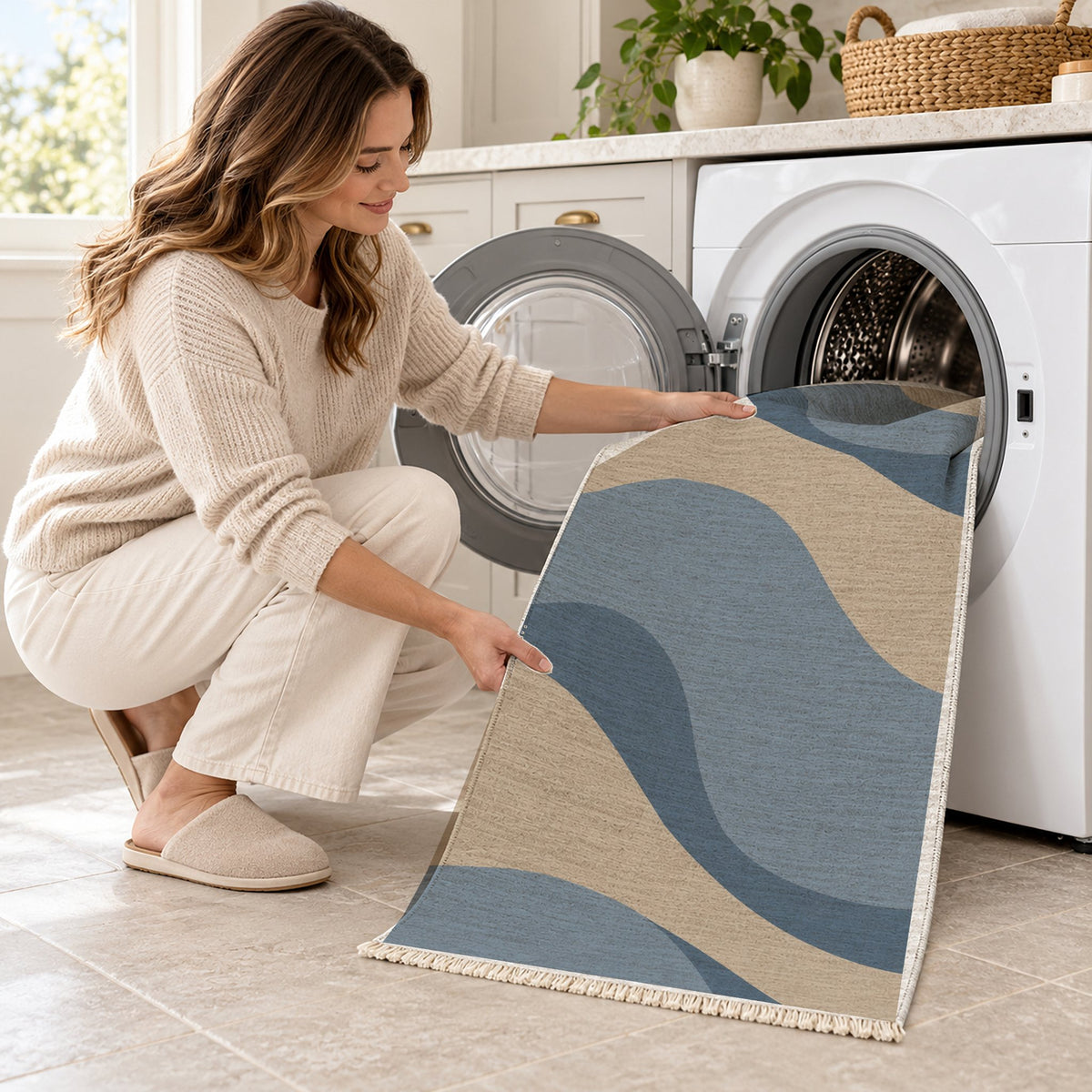 Dune Shadow Oat & Dusty Blue washable rug being loaded into a washing machine