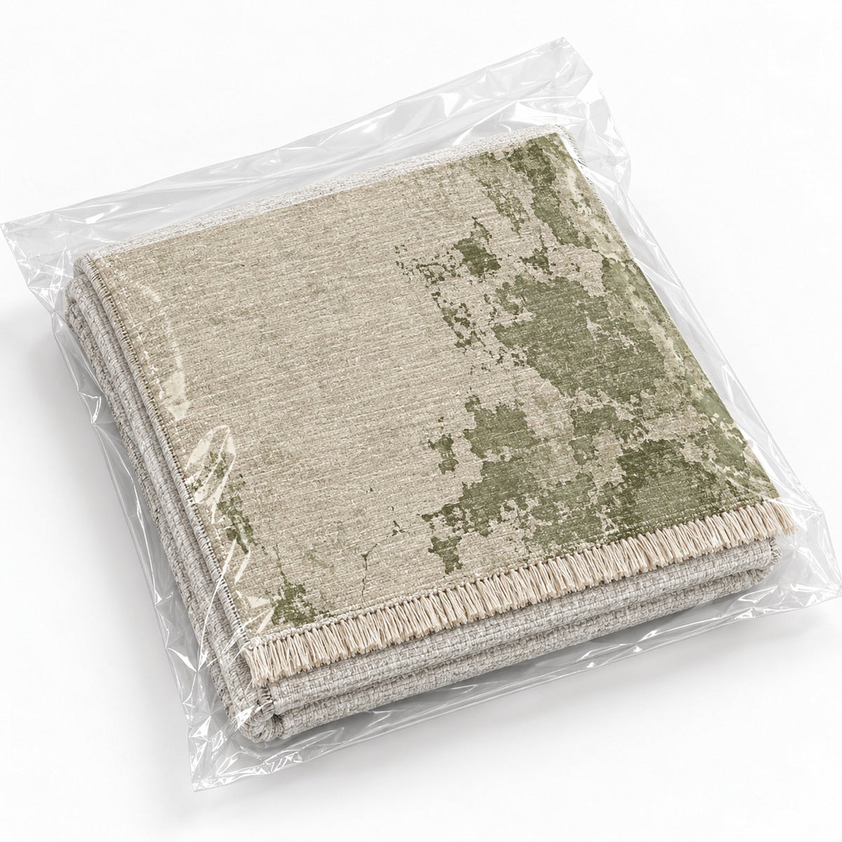 Eroded Fresco Ivory & Sage washable rug rolled and packaged