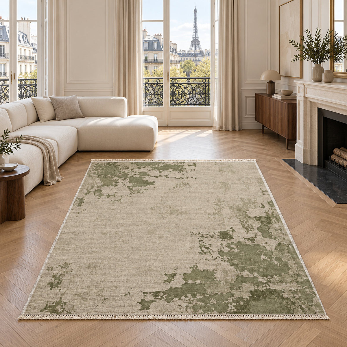 Eroded Fresco Ivory & Sage washable rug in a living room with an Eiffel Tower view