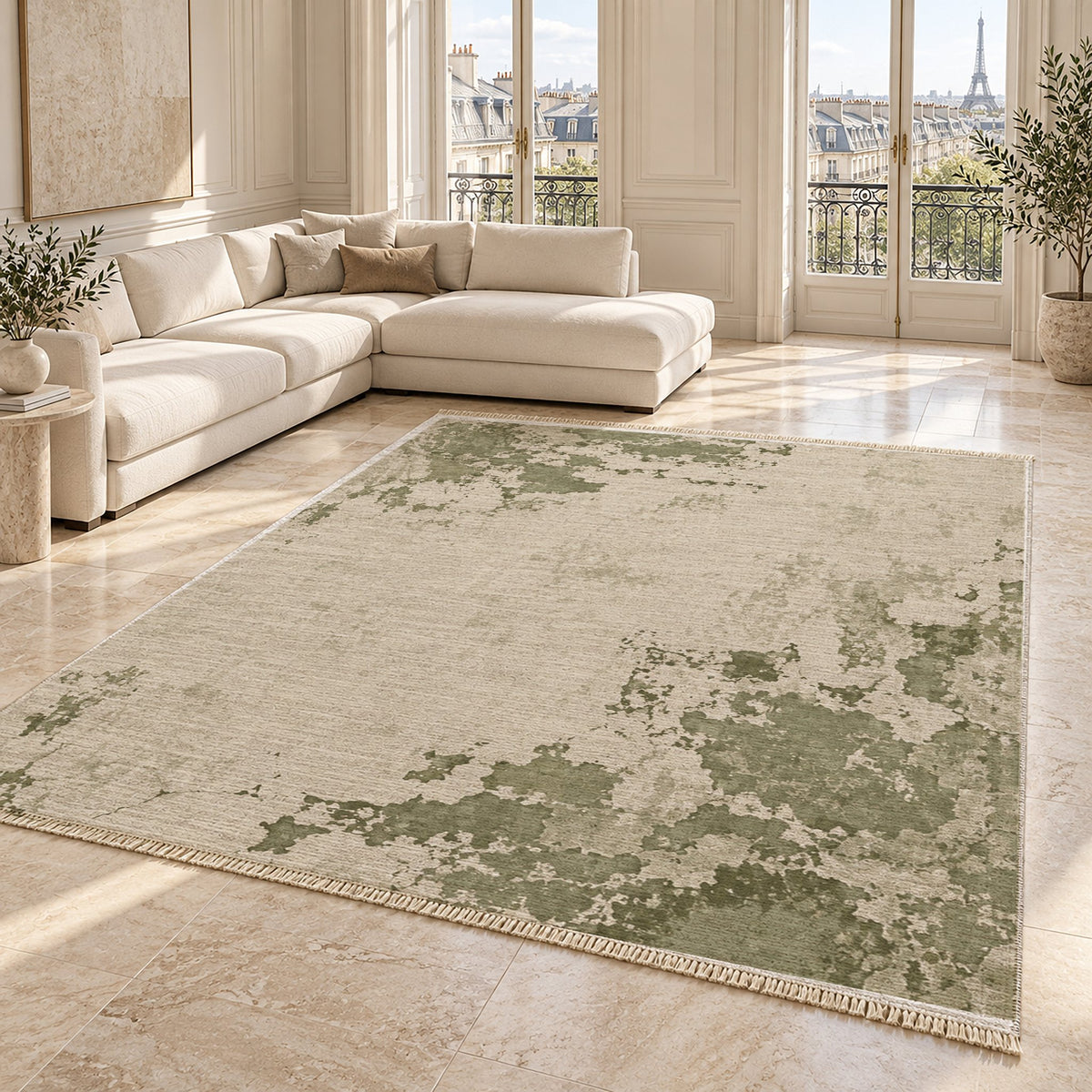 Eroded Fresco Ivory & Sage washable rug angled room view on marble