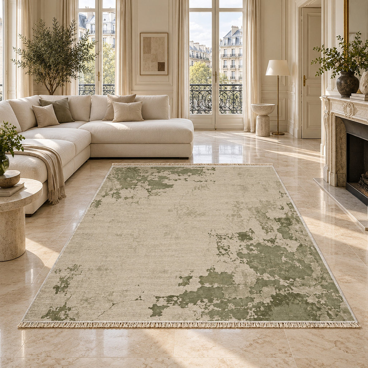 Eroded Fresco Ivory & Sage washable rug on a marble floor