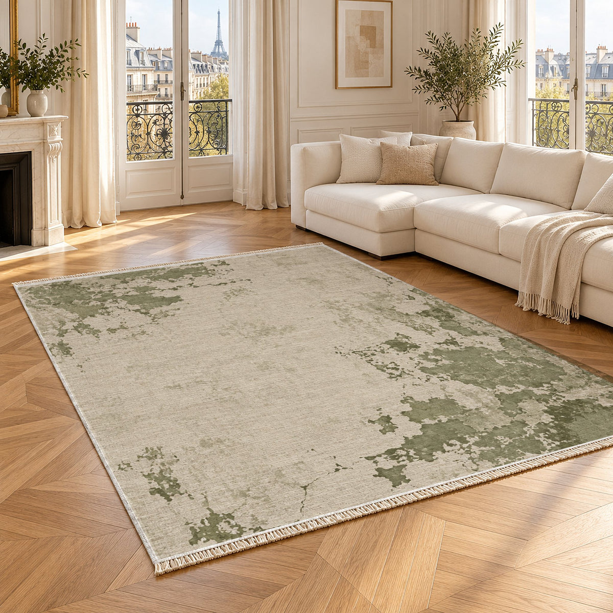 Eroded Fresco Ivory & Sage washable rug angled room view