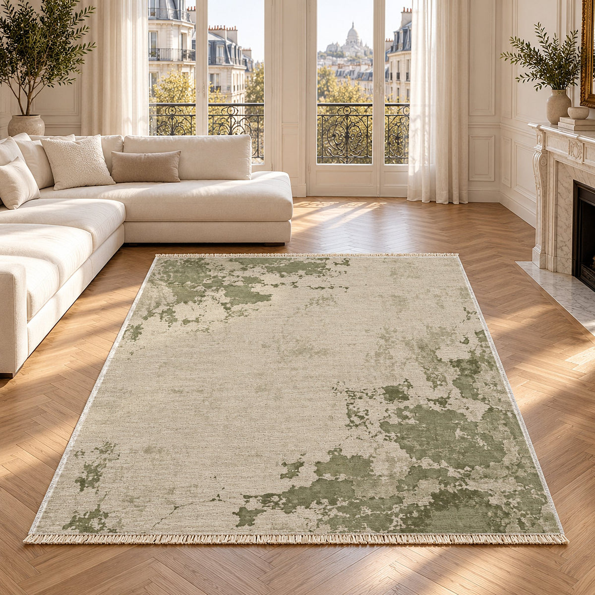 Eroded Fresco Ivory & Sage washable rug in a Paris living room