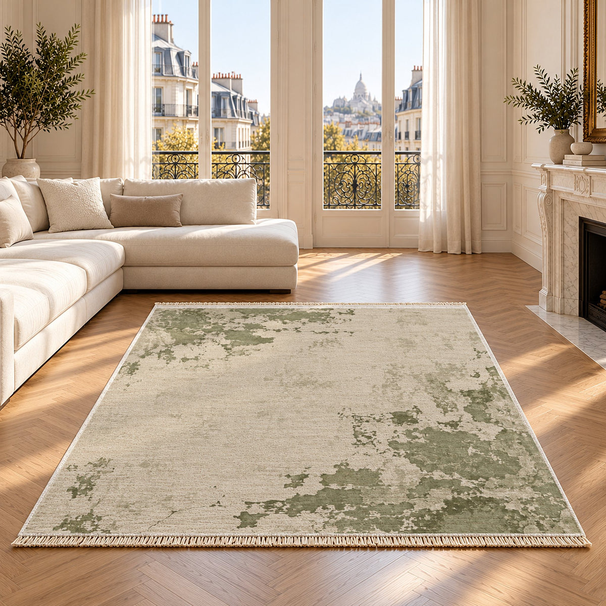 Eroded Fresco Ivory & Sage washable rug on an oak floor