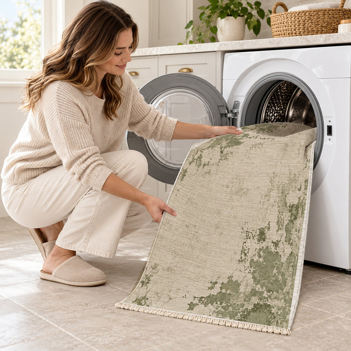 Eroded Fresco Ivory & Sage washable rug being loaded into a washing machine