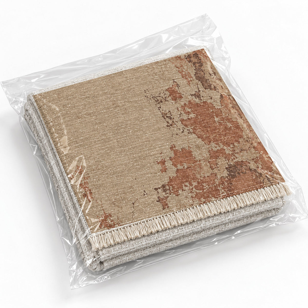 Eroded Fresco Sand & Terracotta washable rug rolled and packaged