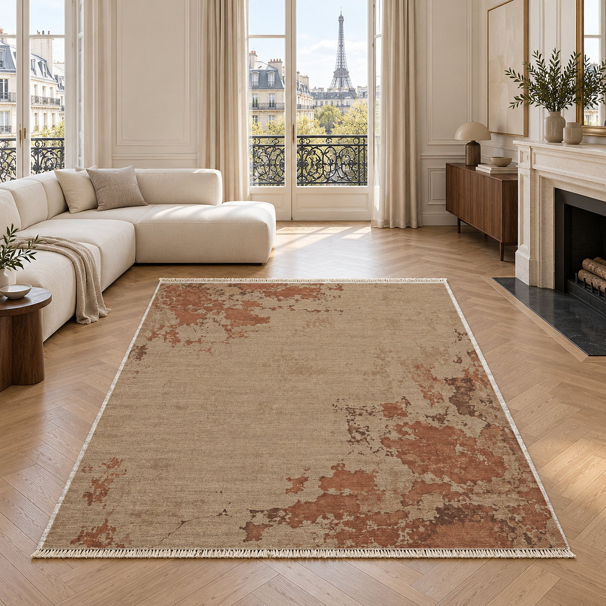 Eroded Fresco Sand & Terracotta washable rug in a living room with an Eiffel Tower view