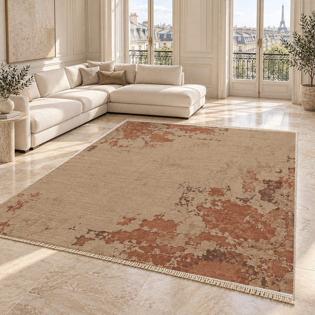 Eroded Fresco Sand & Terracotta washable rug angled room view on marble