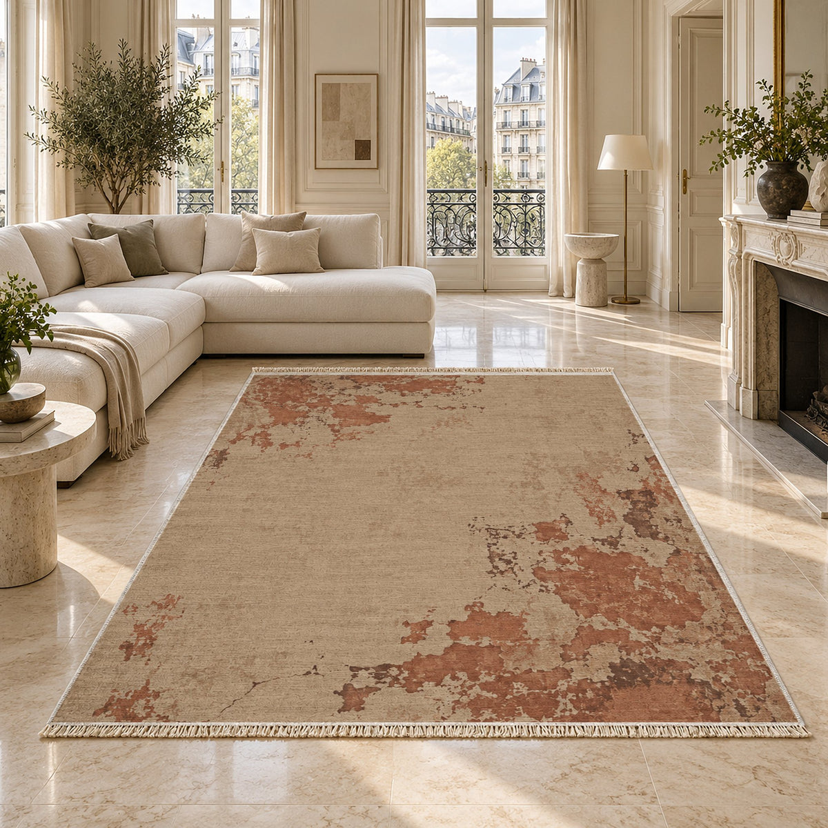 Eroded Fresco Sand & Terracotta washable rug on a marble floor