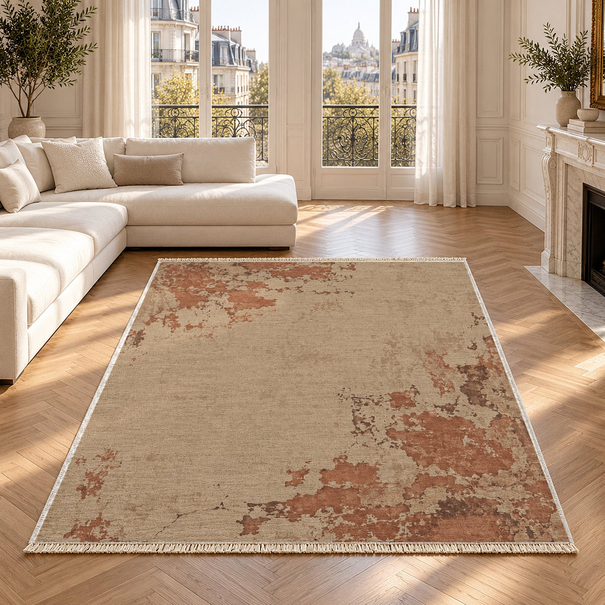 Eroded Fresco Sand & Terracotta washable rug in a Paris living room