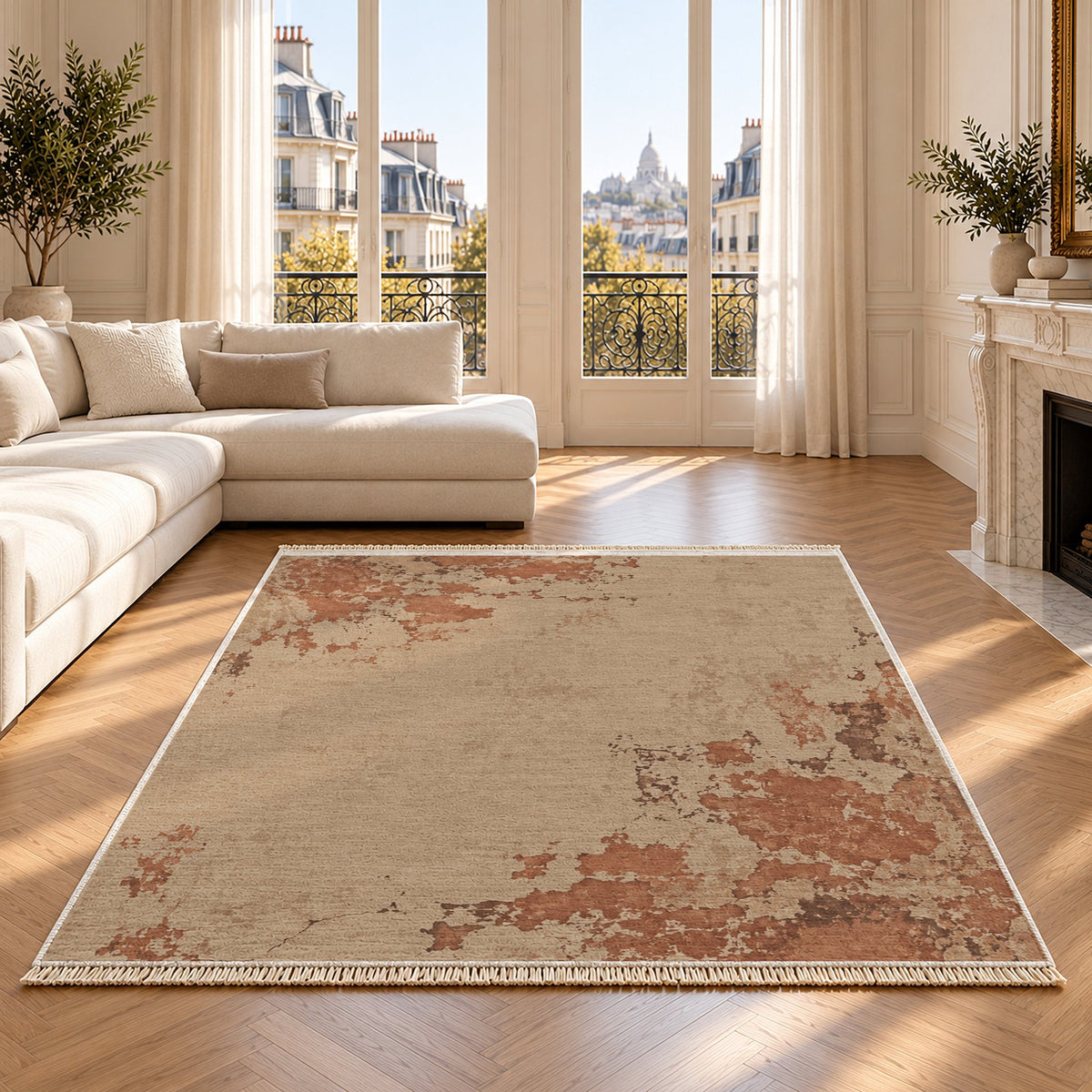 Eroded Fresco Sand & Terracotta washable rug on an oak floor