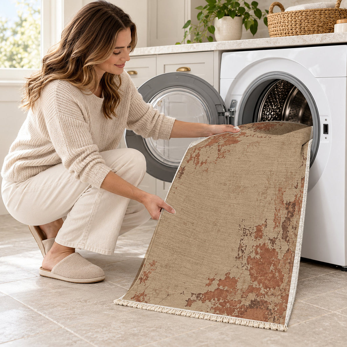 Eroded Fresco Sand & Terracotta washable rug being loaded into a washing machine