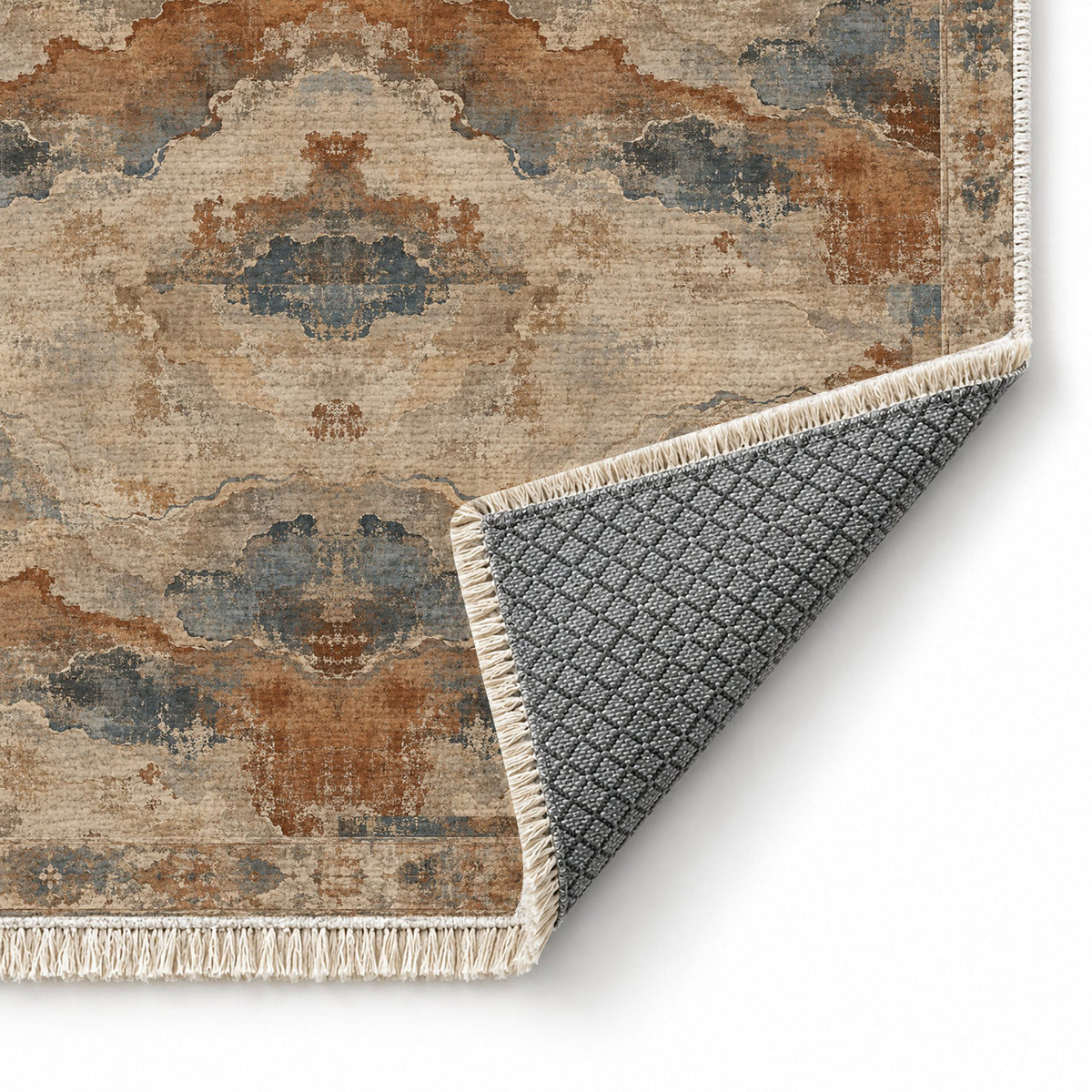 Eroded Horizon Beige & Grey washable rug folded corner showing the backing