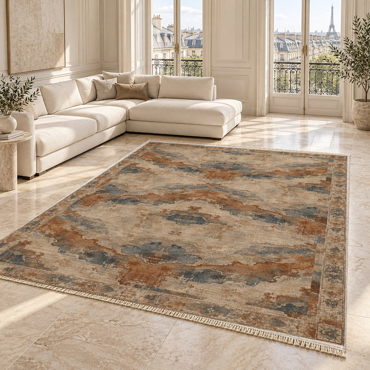 Eroded Horizon Beige & Grey washable rug angled room view on marble