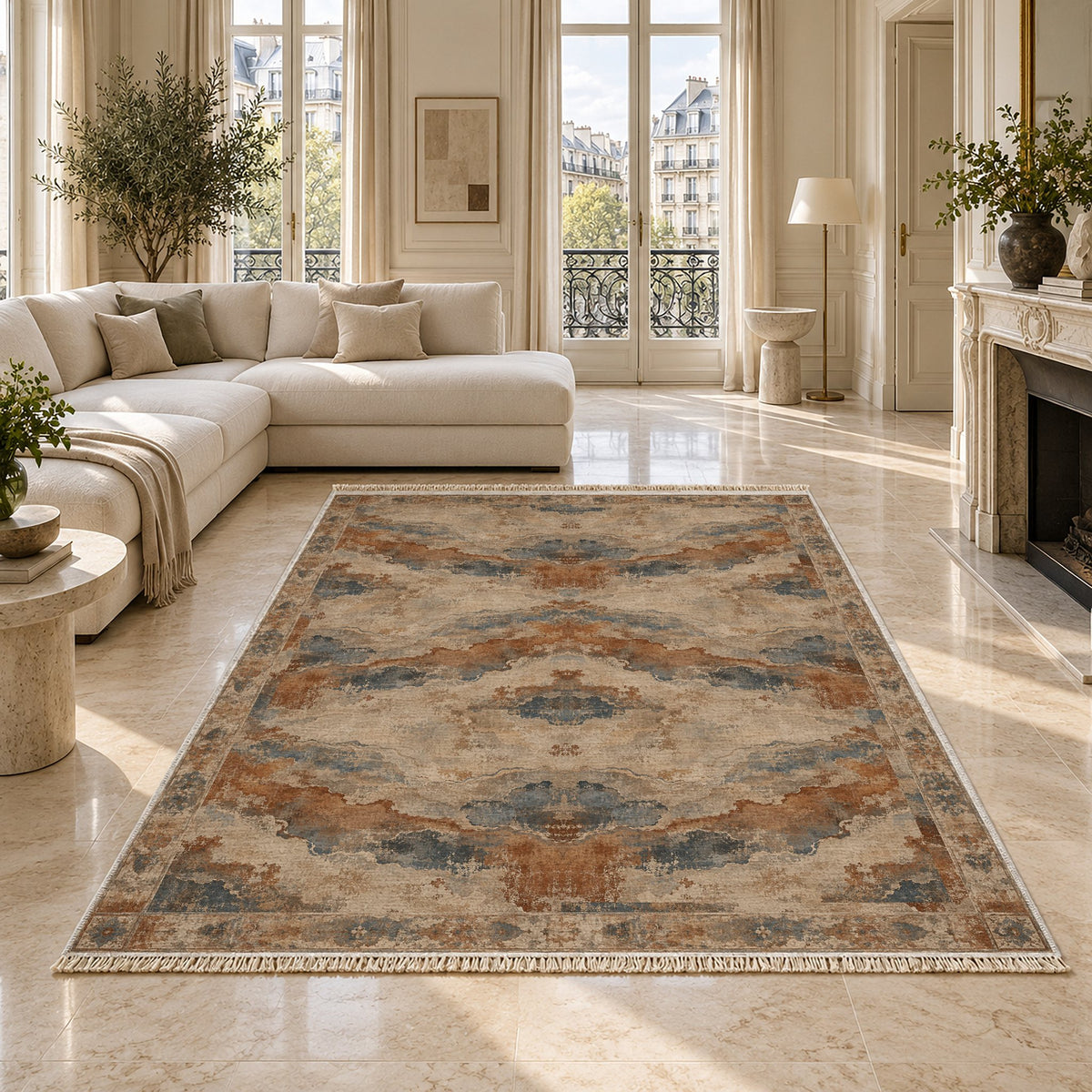 Eroded Horizon Beige & Grey washable rug on a marble floor
