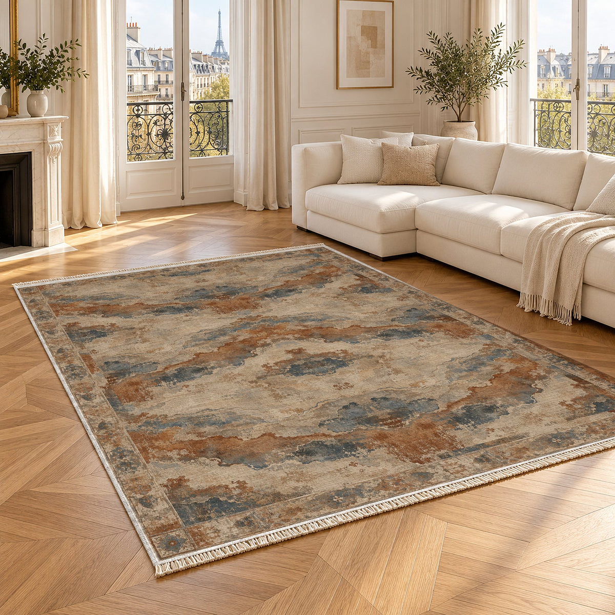 Eroded Horizon Beige & Grey washable rug angled room view