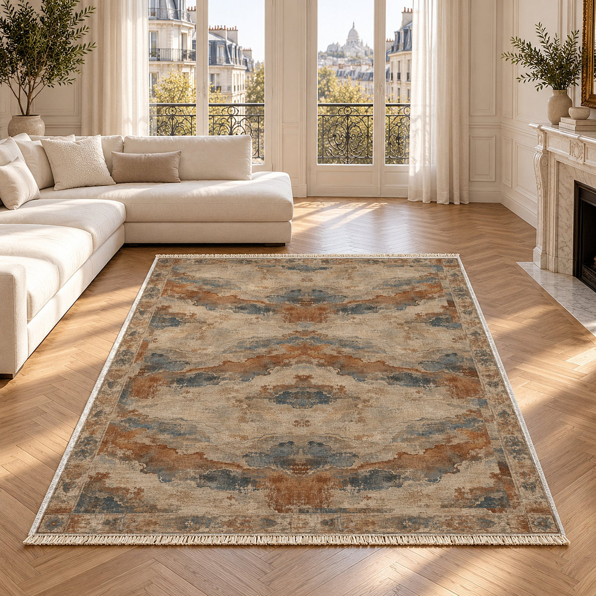 Eroded Horizon Beige & Grey washable rug in a Paris living room