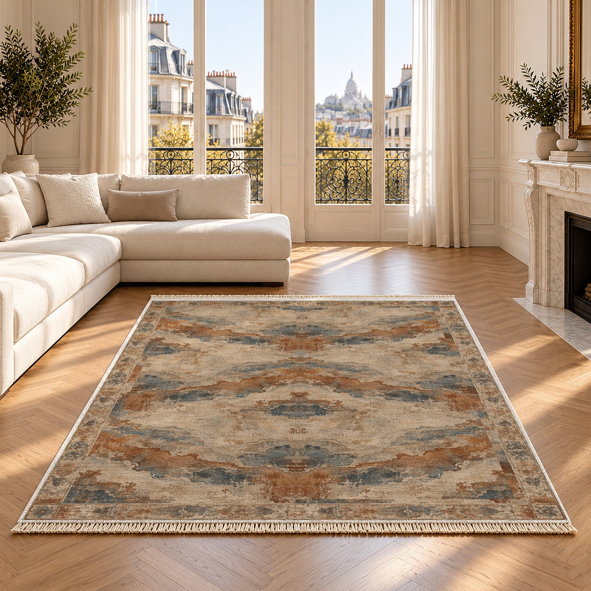 Eroded Horizon Beige & Grey washable rug on an oak floor