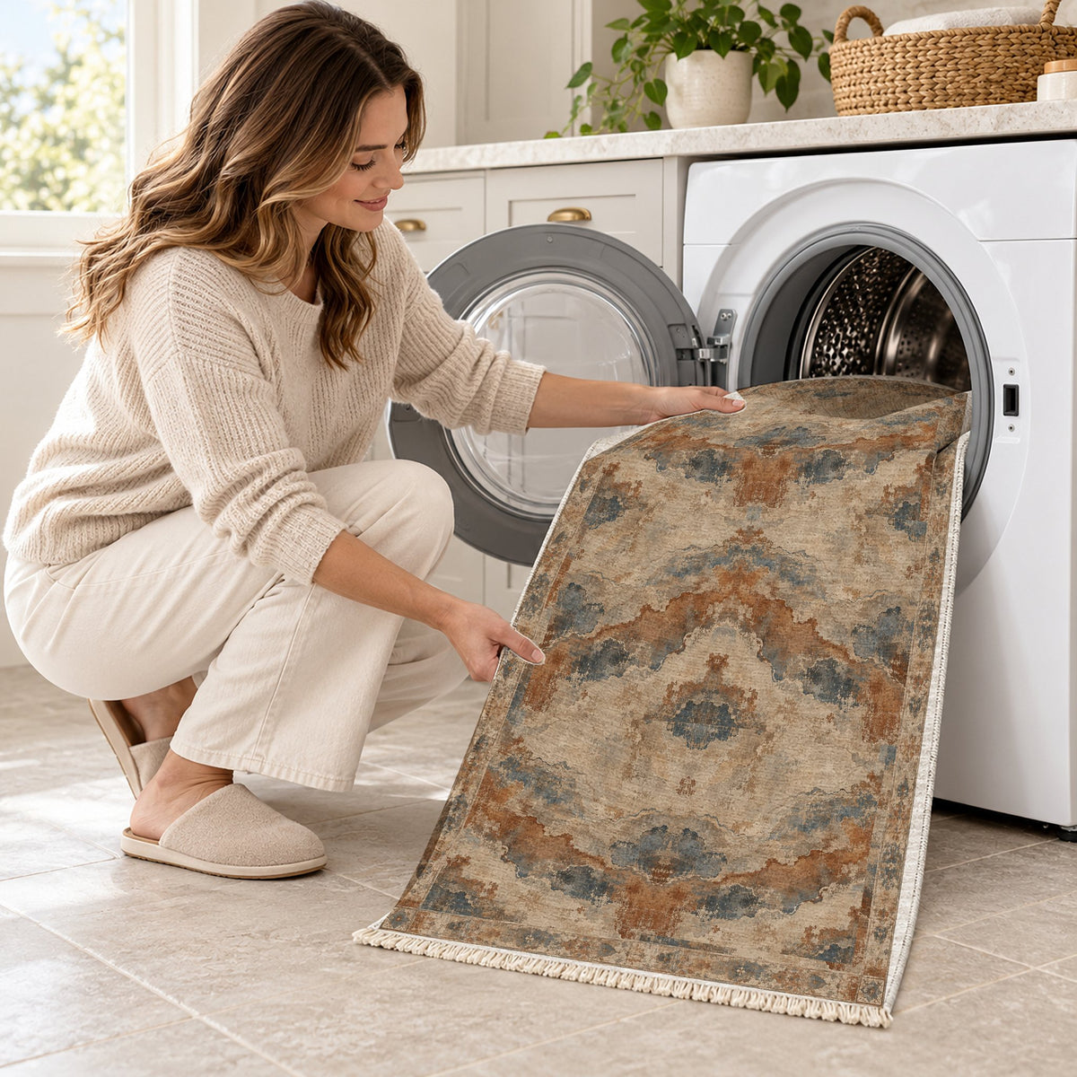 Eroded Horizon Beige & Grey washable rug being loaded into a washing machine