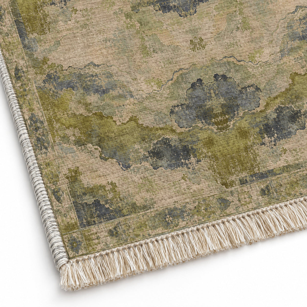 Eroded Horizon Olive & Ochre washable rug close-up of the printed chenille