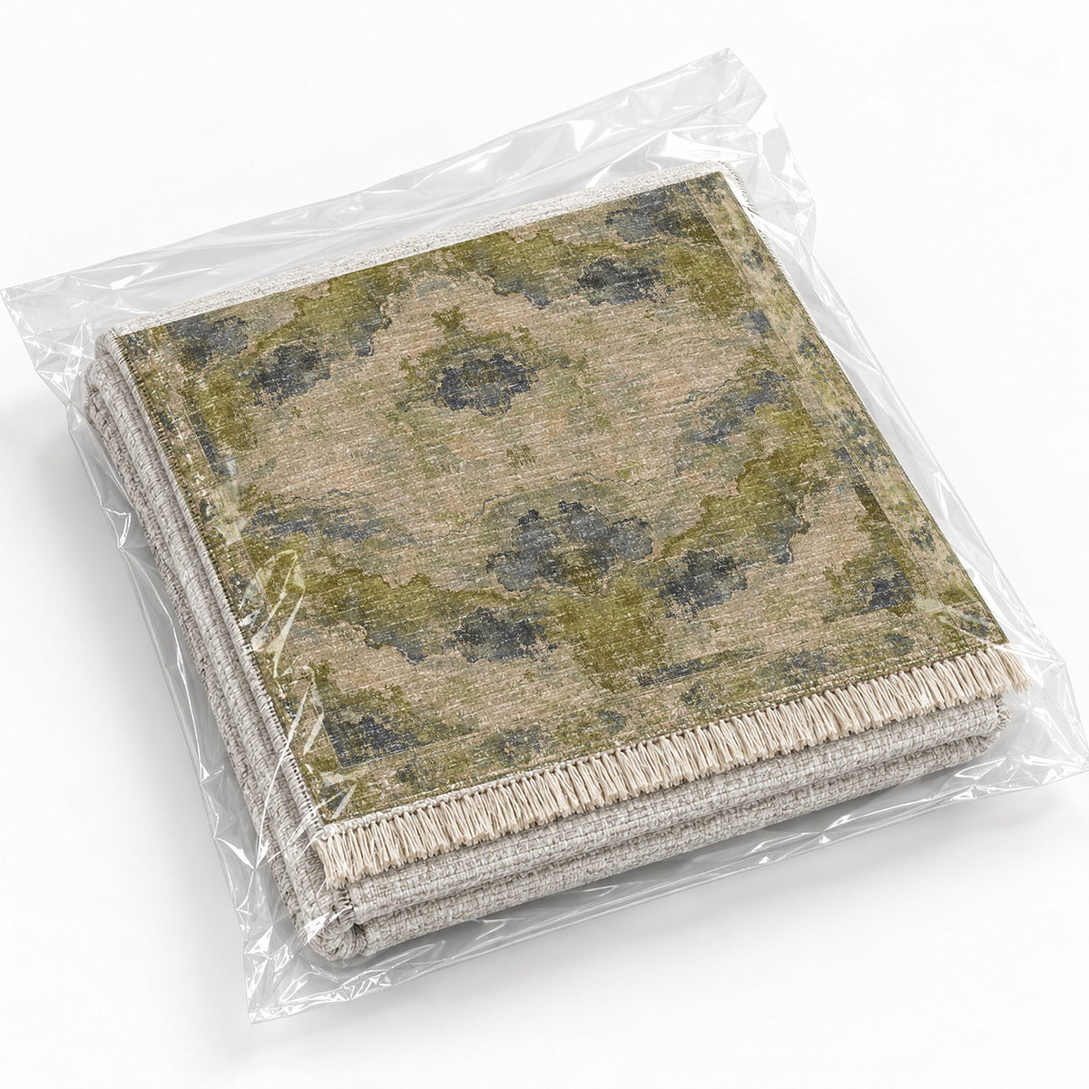 Eroded Horizon Olive & Ochre washable rug rolled and packaged