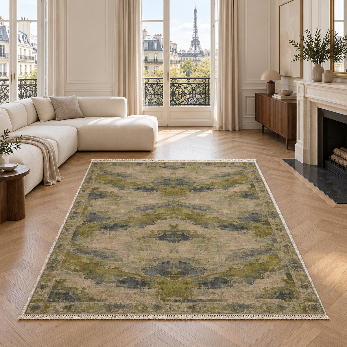 Eroded Horizon Olive & Ochre washable rug in a living room with an Eiffel Tower view