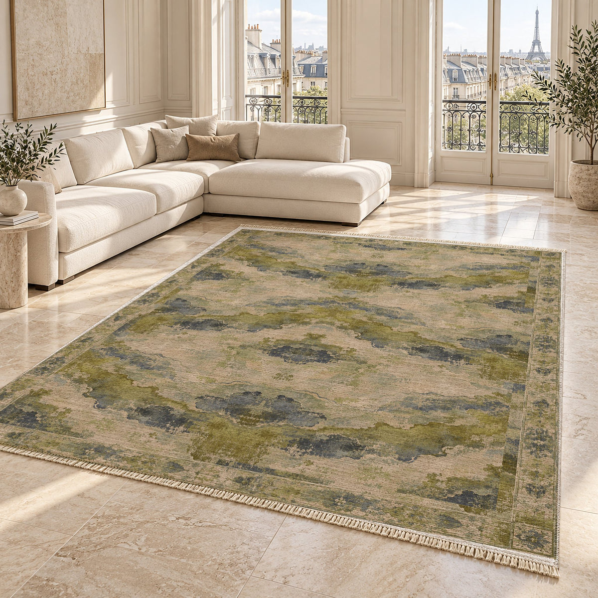 Eroded Horizon Olive & Ochre washable rug angled room view on marble