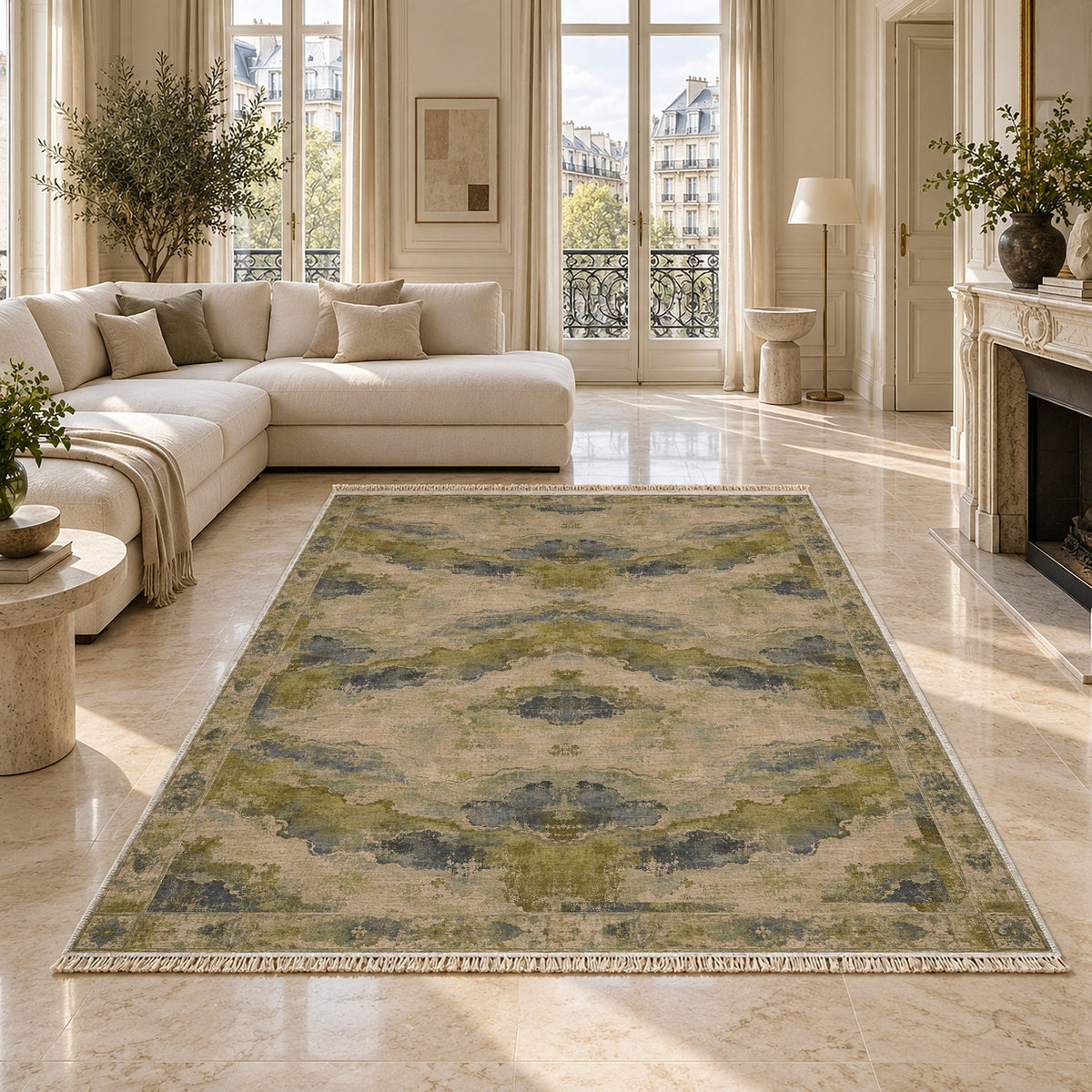 Eroded Horizon Olive & Ochre washable rug on a marble floor
