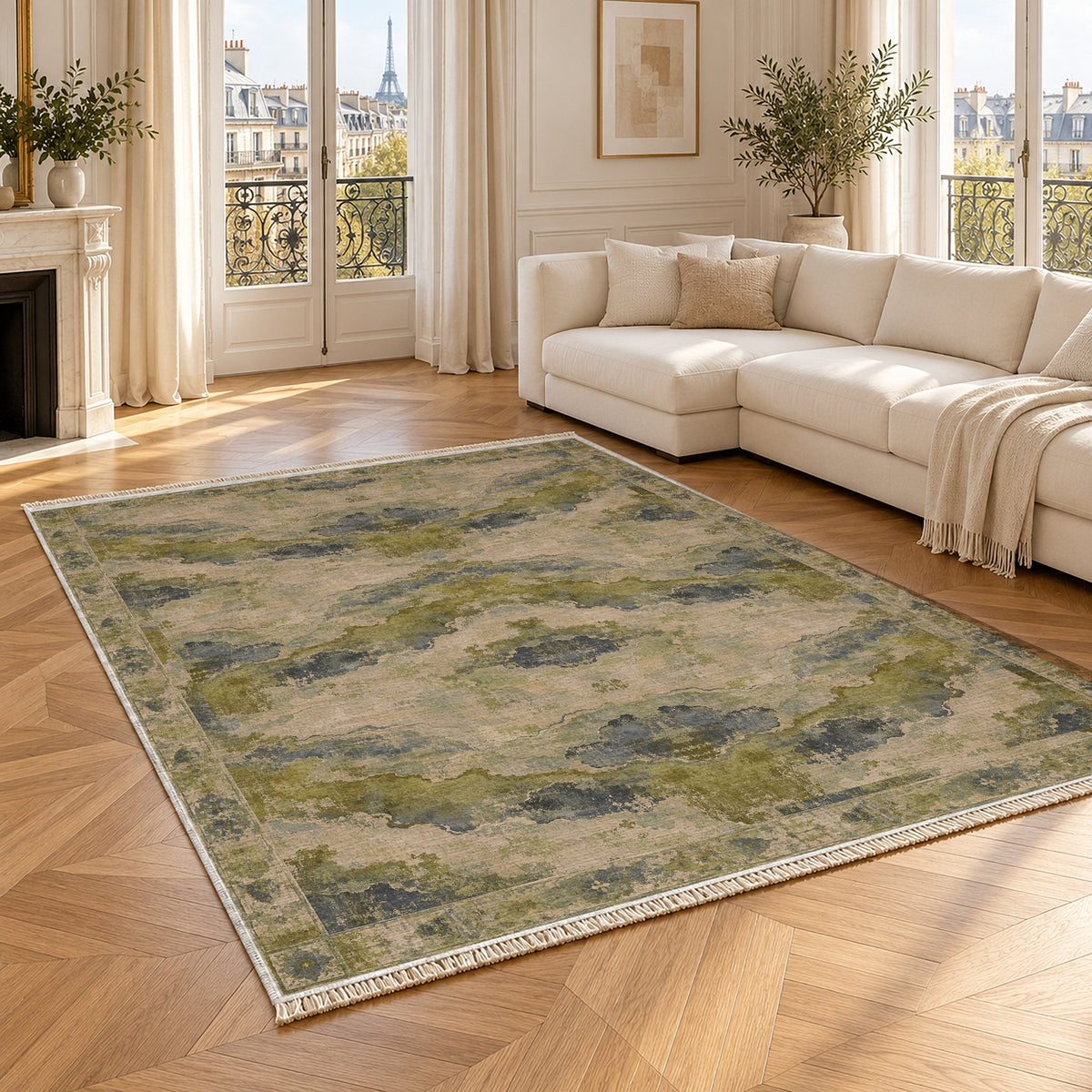 Eroded Horizon Olive & Ochre washable rug angled room view