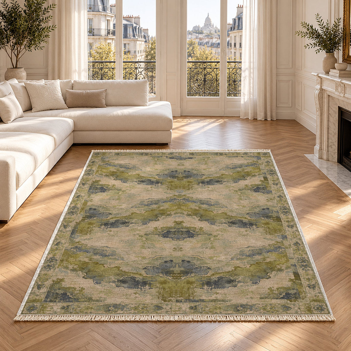 Eroded Horizon Olive & Ochre washable rug in a Paris living room